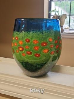 Ingrid Ken Hanson Poppy Vase Blown Glass Blue Green Milifiore Cane Signed 7