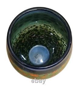 Ingrid Ken Hanson Poppy Vase Blown Glass Blue Green Milifiore Cane Signed 7