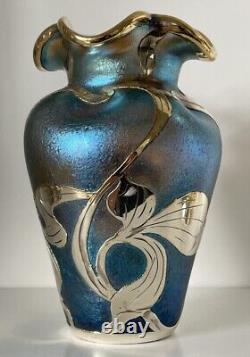 Iridescent Blue Loetz Cabinet Vase, Sterling Silver Overlay, c. 1885-1900