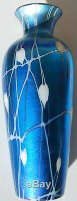 Iridescent blue hanging heart and vine pattern Durand Vase 10 3/4