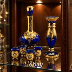 Italian Cobalt Blue Glass Decanter Set with Bud Vase Made In Italy Beautiful Set