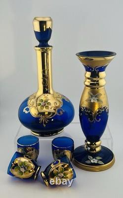 Italian Cobalt Blue Glass Decanter Set with Bud Vase Made In Italy Beautiful Set