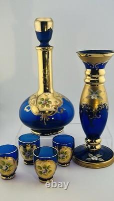 Italian Cobalt Blue Glass Decanter Set with Bud Vase Made In Italy Beautiful Set