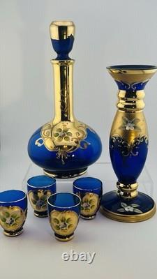 Italian Cobalt Blue Glass Decanter Set with Bud Vase Made In Italy Beautiful Set