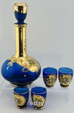Italian Cobalt Blue Glass Decanter Set with Bud Vase Made In Italy Beautiful Set