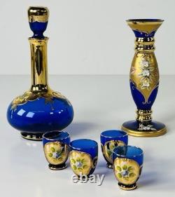 Italian Cobalt Blue Glass Decanter Set with Bud Vase Made In Italy Beautiful Set