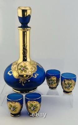 Italian Cobalt Blue Glass Decanter Set with Bud Vase Made In Italy Beautiful Set