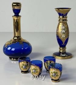 Italian Cobalt Blue Glass Decanter Set with Bud Vase Made In Italy Beautiful Set