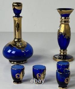 Italian Cobalt Blue Glass Decanter Set with Bud Vase Made In Italy Beautiful Set