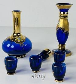 Italian Cobalt Blue Glass Decanter Set with Bud Vase Made In Italy Beautiful Set