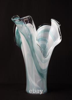 Italian Murano 17 tall Turquoise Blue Art Glass Handkerchief Vase Marbled Motif