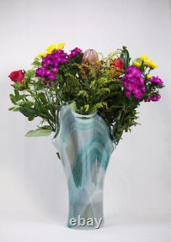 Italian Murano 17 tall Turquoise Blue Art Glass Handkerchief Vase Marbled Motif