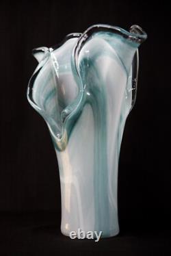 Italian Murano 17 tall Turquoise Blue Art Glass Handkerchief Vase Marbled Motif
