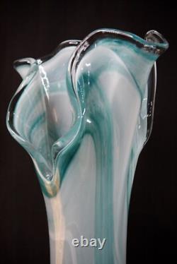 Italian Murano 17 tall Turquoise Blue Art Glass Handkerchief Vase Marbled Motif