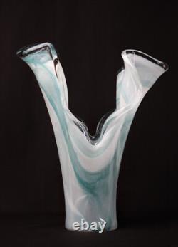 Italian Murano 17 tall Turquoise Blue Art Glass Handkerchief Vase Marbled Motif