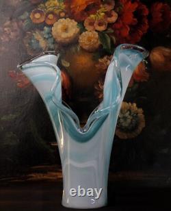 Italian Murano 17 tall Turquoise Blue Art Glass Handkerchief Vase Marbled Motif