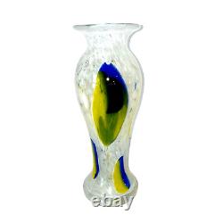 Italian Murano Style White Blown Glass Vase withYellow and Blue Swirl 13.5