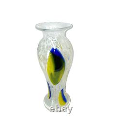 Italian Murano Style White Blown Glass Vase withYellow and Blue Swirl 13.5