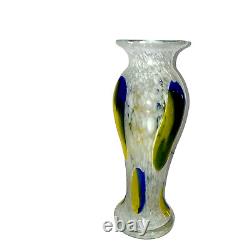 Italian Murano Style White Blown Glass Vase withYellow and Blue Swirl 13.5