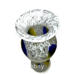 Italian Murano Style White Blown Glass Vase withYellow and Blue Swirl 13.5