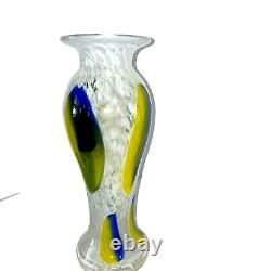 Italian Murano Style White Blown Glass Vase withYellow and Blue Swirl 13.5