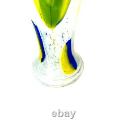 Italian Murano Style White Blown Glass Vase withYellow and Blue Swirl 13.5