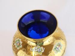 Italian Murano Venetian Art Glass Cobalt Blue Vase Applied Flowers