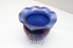 JOHN BARBER Studio Iridescent Cobalt Blue Hanging Hearts Art Glass Vase Ruffled