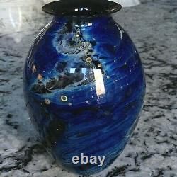 JOSH SIMPSON STUDIO Blue New Mexico Art Glass Blue Vase 6 in Signed Dated 1986