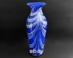 James Stone 2002 11.5 Cobalt Blue Pulled Feather Abstract Art Glass Vase