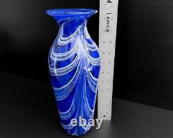 James Stone 2002 11.5 Cobalt Blue Pulled Feather Abstract Art Glass Vase