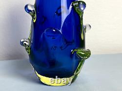 Jan Beranek Skrdlovice Bohemian Vase Yellow & Blue Uranium Vaseline Glass 1960s