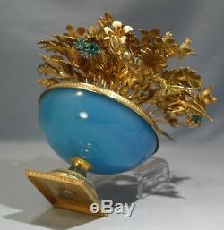 Jane Hutcheson Jewel Enamel Flowers Blue Opaline Glass Gilt Ormolu Mounted Vase