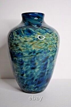 Jason Roberts Hand Blown Art Glass Vase Large 11 Blue Swirl Signed /Dated 2002