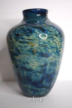 Jason Roberts Hand Blown Art Glass Vase Large 11 Blue Swirl Signed /Dated 2002