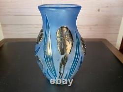 Jean- Pierre and Samuel Cinquillli Art Glass Vase Iridescent Cameo Flowers Blue