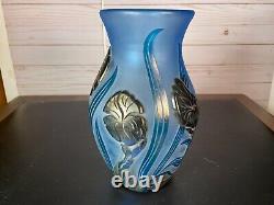 Jean- Pierre and Samuel Cinquillli Art Glass Vase Iridescent Cameo Flowers Blue