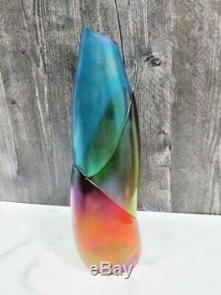 John Cook 2004 Purple Blue Green Bamboo Abstract Iridescent Vase Signed Rainbow