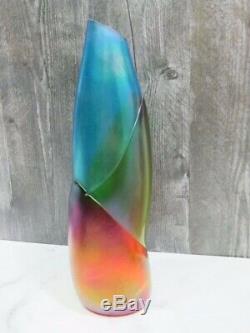 John Cook 2004 Purple Blue Green Bamboo Abstract Iridescent Vase Signed Rainbow