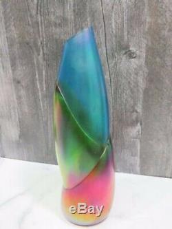 John Cook 2004 Purple Blue Green Bamboo Abstract Iridescent Vase Signed Rainbow