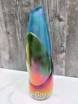 John Cook 2004 Purple Blue Green Bamboo Abstract Iridescent Vase Signed Rainbow