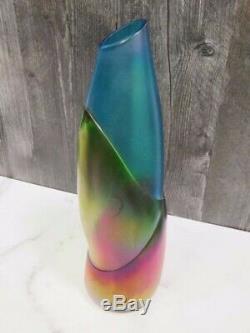 John Cook 2004 Purple Blue Green Bamboo Abstract Iridescent Vase Signed Rainbow