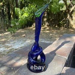 John Harko vintage hand blown Art glass Vase Cobalt Blue Green Stretch Signed