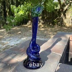 John Harko vintage hand blown Art glass Vase Cobalt Blue Green Stretch Signed