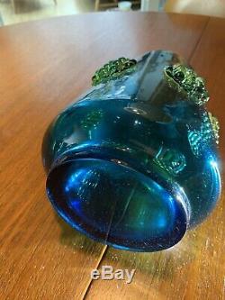 Joseph (Josef) Hospodka Glass Vase 1960s Hand Blown Blue With Amber Prunts