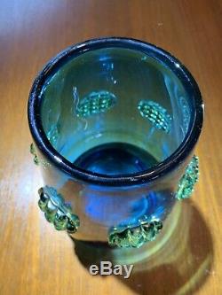 Joseph (Josef) Hospodka Glass Vase 1960s Hand Blown Blue With Amber Prunts