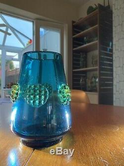 Joseph (Josef) Hospodka Glass Vase 1960s Hand Blown Blue With Amber Prunts