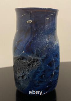 Josh Simpson Blue Inhabited Planet Art Glass Vase Mint 4.75 Tall
