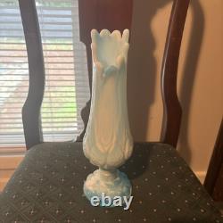 KANAWHA Glass Moon and Star Pattern SWUNG STRETCH VASE Blue Milk Slag End of Day
