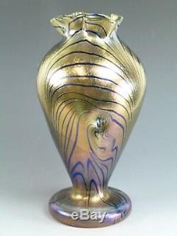 KRALIK Glass Art Nouveau Iridescent Blue over Gold King Tut Pattern Vase